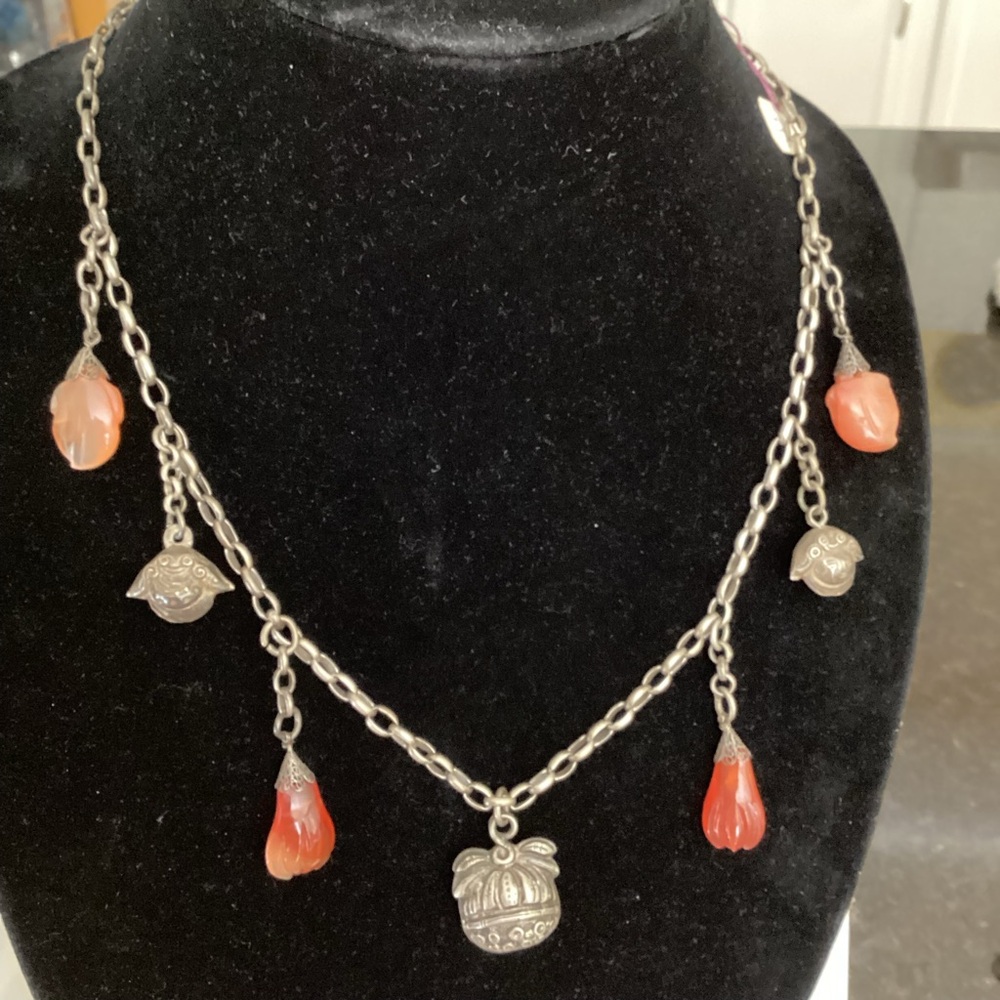 Antique QING Chinese Silver Jade Carnelian Silver Amulets Bell Charms Necklace